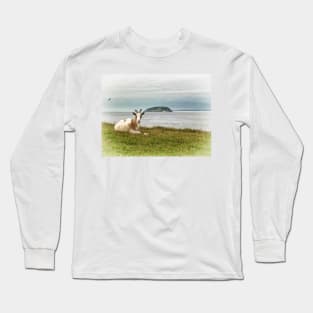 Goat Relaxing on Brean Down, Somerset art. British landscape Long Sleeve T-Shirt